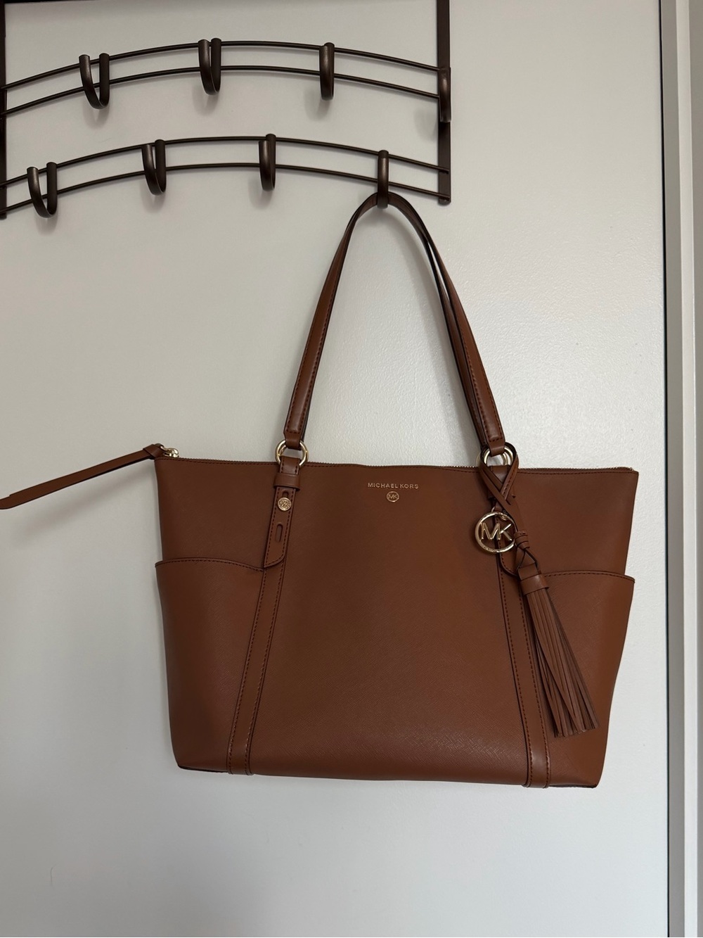 Michael Kors Cognac Leather Tote with Tassel Charm